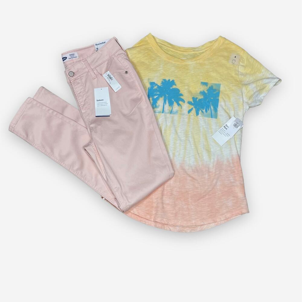 Old Navy | NWT Bundle Palm Tree Tie Dye Tee Rockstar High Rise Pink Skinny Pants